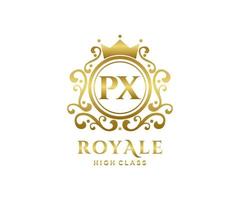 Golden Letter PX template logo Luxury gold letter with crown. Monogram alphabet . Beautiful royal initials letter. vector