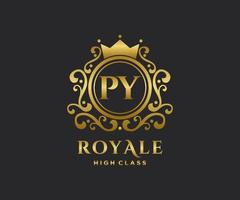 Golden Letter PY template logo Luxury gold letter with crown. Monogram alphabet . Beautiful royal initials letter. vector