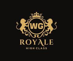 Golden Letter WG template logo Luxury gold letter with crown. Monogram alphabet . Beautiful royal initials letter. vector
