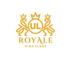 Golden Letter UL template logo Luxury gold letter with crown. Monogram alphabet . Beautiful royal initials letter. vector
