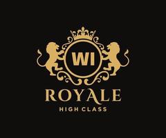 Golden Letter WI template logo Luxury gold letter with crown. Monogram alphabet . Beautiful royal initials letter. vector