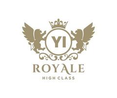 Golden Letter YI template logo Luxury gold letter with crown. Monogram alphabet . Beautiful royal initials letter. vector