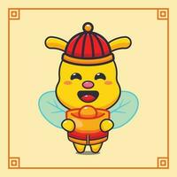 Cute bee with gold ingot in chinese new year. vector