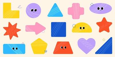 Set of Various bright basic Geometric Figures with face emotions, hands and legs. Different shapes. Hand drawn trendy Vector illustration for kids. Cute funny characters. All elements are isolated