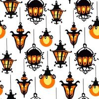 A pattern of decorative hanging street lights. Black garden lamps in different styles of Art Nouveau, classic, minimalism. Street lamp. An old-style metal lamp. Halloween gift wrapping on a white vector