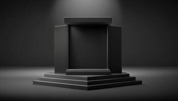 Realistic 3D black theme podium for product display. photo