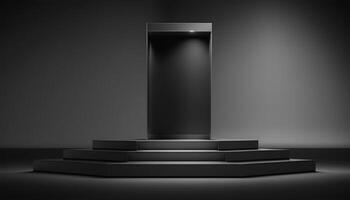 Realistic 3D black theme podium for product display. photo