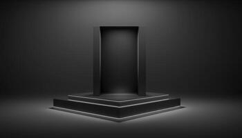 Realistic 3D black theme podium for product display. photo