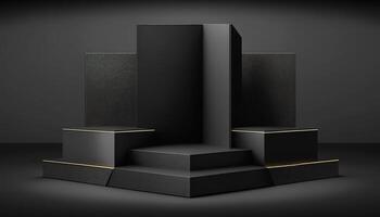 Realistic 3D black theme podium for product display. photo