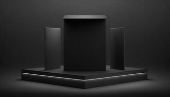 Realistic 3D black theme podium for product display. photo