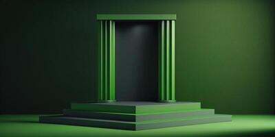 Realistic 3D green theme podium for product display. photo