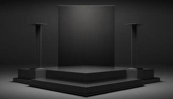 Realistic 3D black theme podium for product display. photo