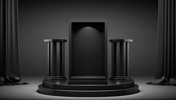 Realistic 3D black theme podium for product display. photo