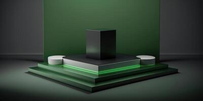 Realistic 3D green theme podium for product display. photo