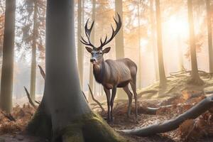 A majestic deer with antlers standing proudly in the forest at dawn. photo