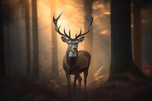 un majestuoso ciervo con cornamenta en pie con orgullo en el bosque a amanecer. ai generado foto