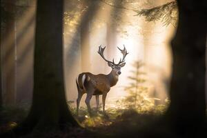 un majestuoso ciervo con cornamenta en pie con orgullo en el bosque a amanecer. ai generado foto