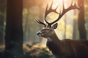 A majestic deer with antlers standing proudly in the forest at dawn. photo