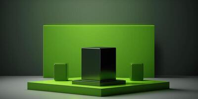 Realistic 3D green theme podium for product display. photo