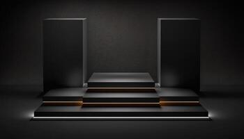 Realistic 3D black theme podium for product display. photo