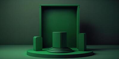 Realistic 3D green theme podium for product display. photo