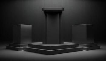 Realistic 3D black theme podium for product display. photo
