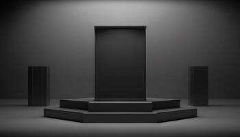 Realistic 3D black theme podium for product display. photo