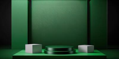 Realistic 3D green theme podium for product display. photo