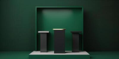 Realistic 3D green theme podium for product display. photo