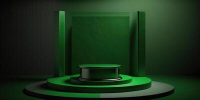 Realistic 3D green theme podium for product display. photo