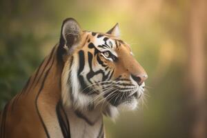 a close up of a bengal tiger's face in a forest. photo