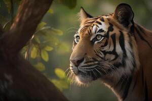 a close up of a bengal tiger's face in a forest. photo