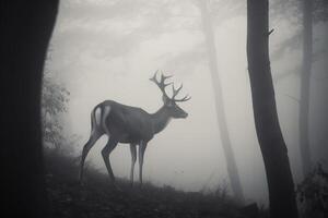 un ciervo en un brumoso bosque. ai generado foto