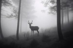 un ciervo en un brumoso bosque. ai generado foto