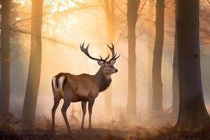 un majestuoso ciervo con cornamenta en pie con orgullo en el bosque a amanecer. ai generado foto