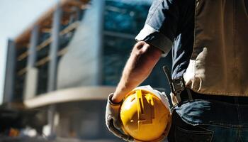 Construction worker holding his helmet while looking at construction site. . photo