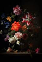 Beautiful bunch of colorful flowers on black background in vintage style. Festive flowers concept with copy space. .Created with photo