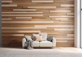 Wooden random wall and white sofa background. Modern interior room. 3D render photo