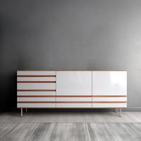 Wooden chest of drawers white color on the grey wall in modern interior. 3d render photo