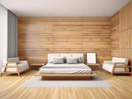 Bedroom interior with two armchair and wooden walls, wooden floor, comfortable king size bed and two armchairs. 3d rendering photo