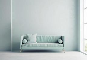 minimalista vivo habitación interior con sofá grande pared, verde paisaje en ventana. 3d hacer foto