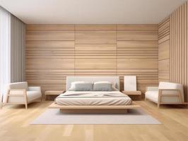 Bedroom interior with two armchair and wooden walls, wooden floor, comfortable king size bed and two armchairs. 3d rendering photo