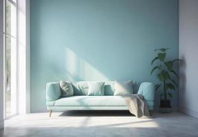 Green modern room with sofa plant and wall space. Scandinavian interior design. 3D Render photo