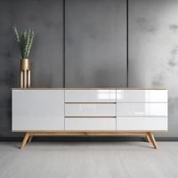 Wooden cabinet interior with concrete wallWooden chest of drawers white color on the grey wall in modern interior. 3d render photo