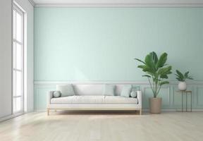 Light green living room with sofa. Scandinavian interior design. 3D render. photo