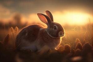 Easter bunny in the field cinematic light. Place for text. photo