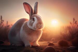 Easter bunny in the field cinematic light. Place for text. photo