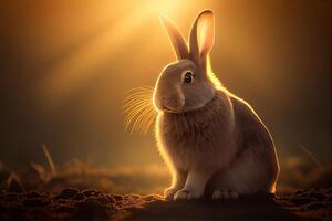 Easter bunny in the field cinematic light. Place for text. photo