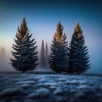 Pine trees in a winter morning. Frost and a little fog. . photo