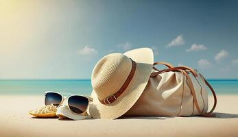 Paja sombrero, bolsa, Dom lentes y dar la vuelta fracasos en un tropical playa, generativo ai foto